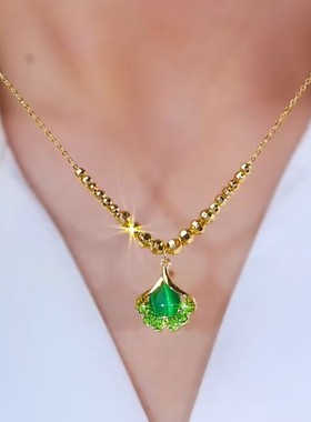 小清新转运珠绿色银杏叶项链女小众设计感洋气时髦上档次精美项链