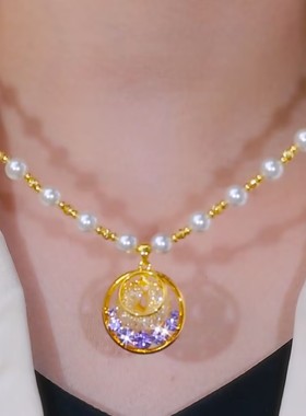 金丝网状紫色水晶圈圈吊坠珠珠项链网红爆款轻奢高级感气质锁骨链