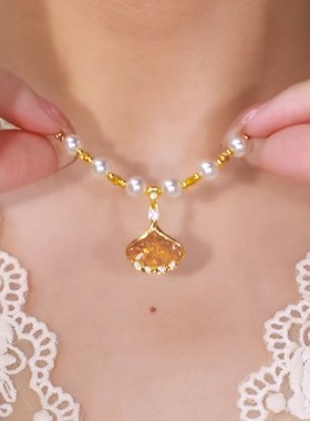 时尚咖色银杏叶珠珠项链女网红精致高级耐看小众设计感百搭项链女