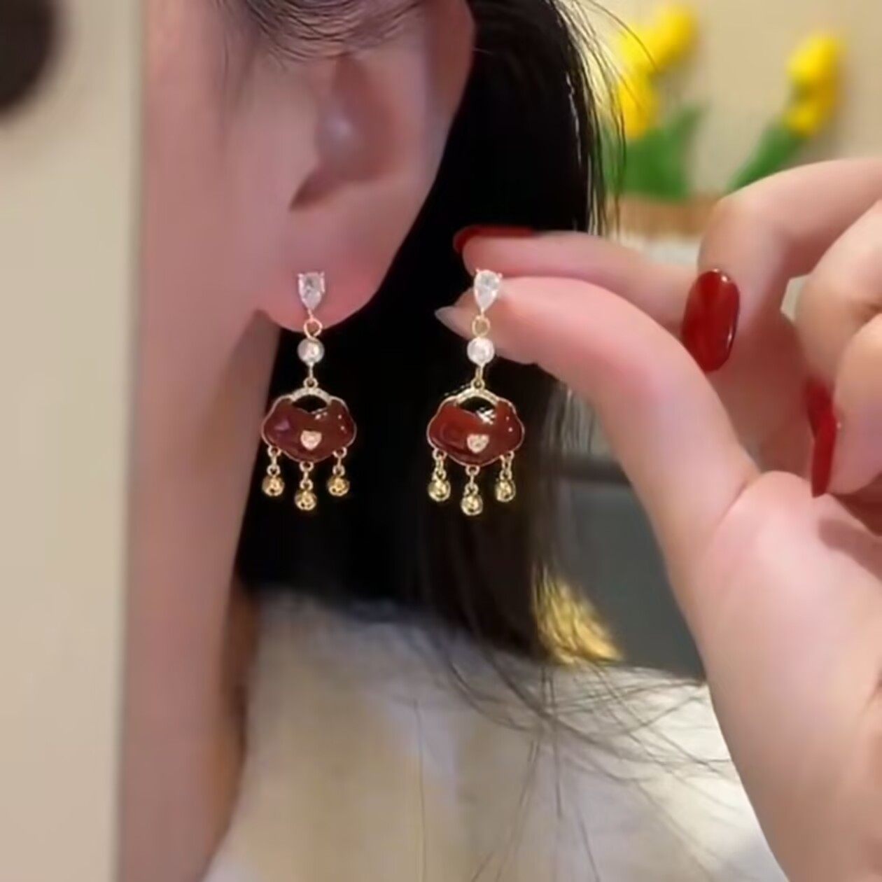 民族风复古红色平安锁流苏耳环女新款轻奢高级感气质新中式耳环女,饰品/流行首饰/时尚饰品新,耳环,淘宝优惠券,粉丝福利购,淘宝优惠卷