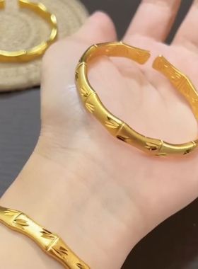 古法传承竹节手镯女开口磨砂镯子黄金色网红爆款轻奢气质百搭手镯