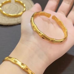 古法传承竹节手镯女开口磨砂镯子黄金色网红爆款轻奢气质百搭手镯