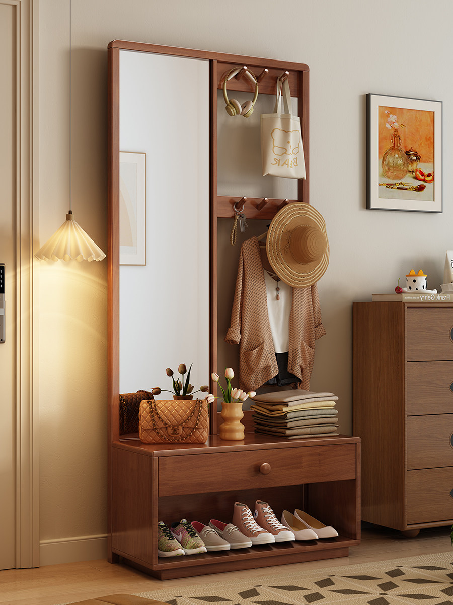 幽兰思实木衣帽架落地卧室家用换鞋凳穿衣镜挂衣架一体入户收纳架