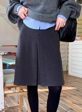 深灰色星空毛呢半身裙胖mm百搭遮肉中裙秋冬女复古百褶及膝a字裙