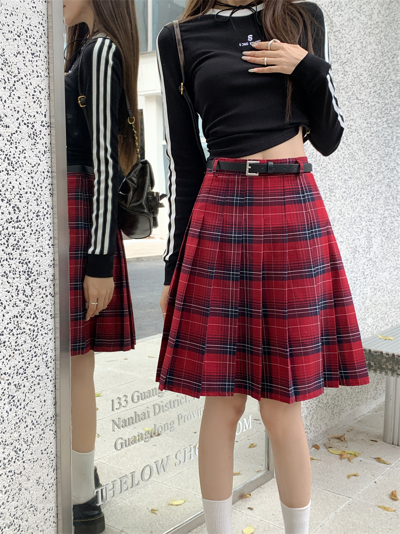 百搭美式复古穿搭格纹百褶裙a型