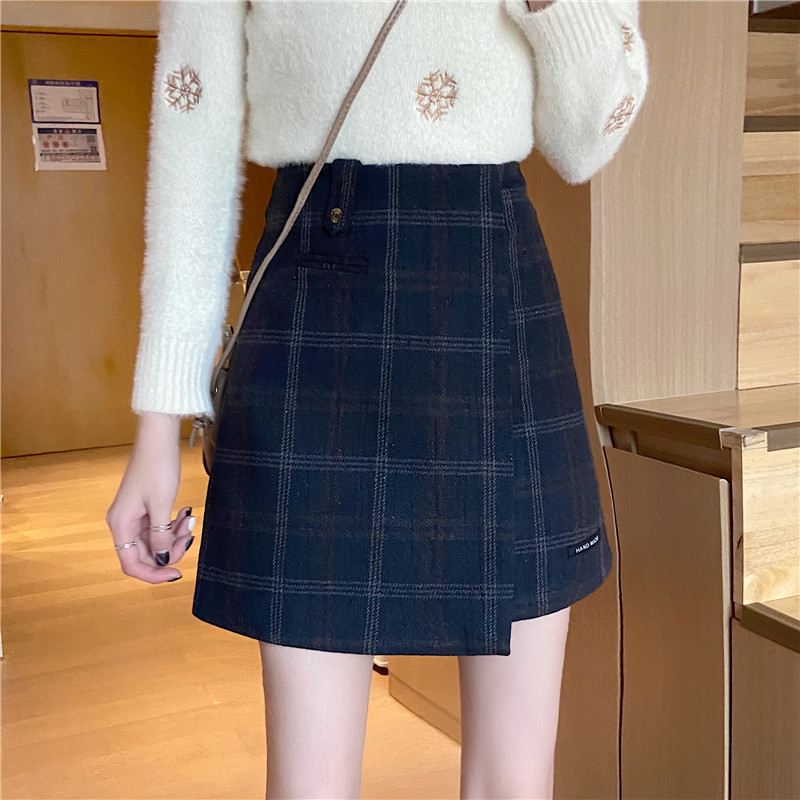 毛呢格子加厚胖mm遮肚学生一步裙