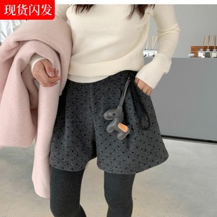 波点毛呢短裤松紧腰阔腿A字裤秋冬季大码外穿休闲裤小个子靴裤女