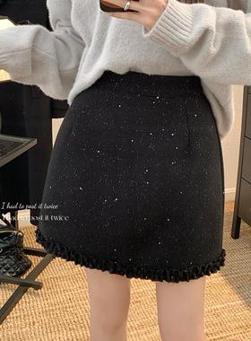 亮片加厚灰色毛呢半身裙防走光高腰a字包臀裙大码花边显瘦短裙女