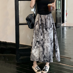 水墨印花半身裙大碼 a字中長裙女夏復古扎染遮肉長裙子 高級感韓版