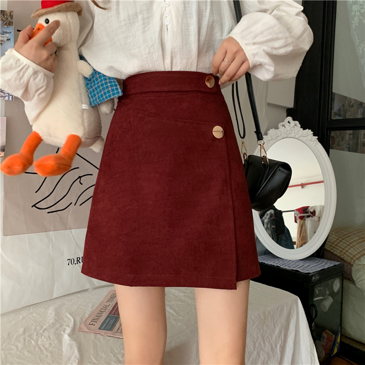 秋冬毛呢不规则a字裙酒红色短裙