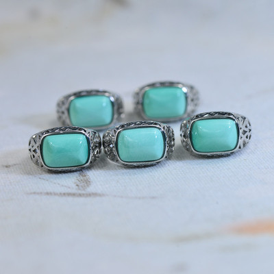 原矿天然玉石绿松石镶嵌戒指指环方形蛋形网花饰品男女款清仓甩卖