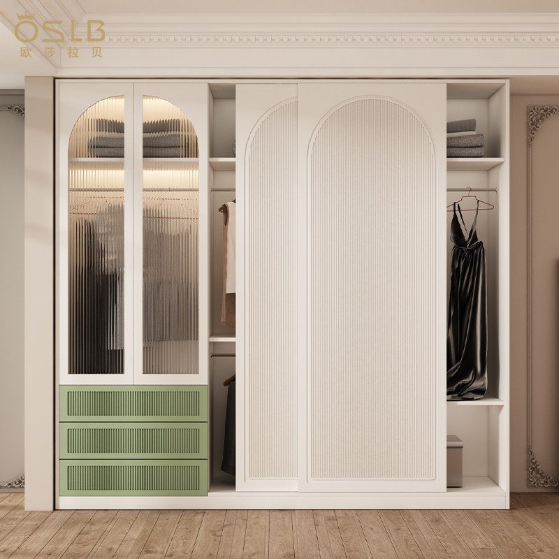 欧莎拉贝简约美式实木推拉门衣柜