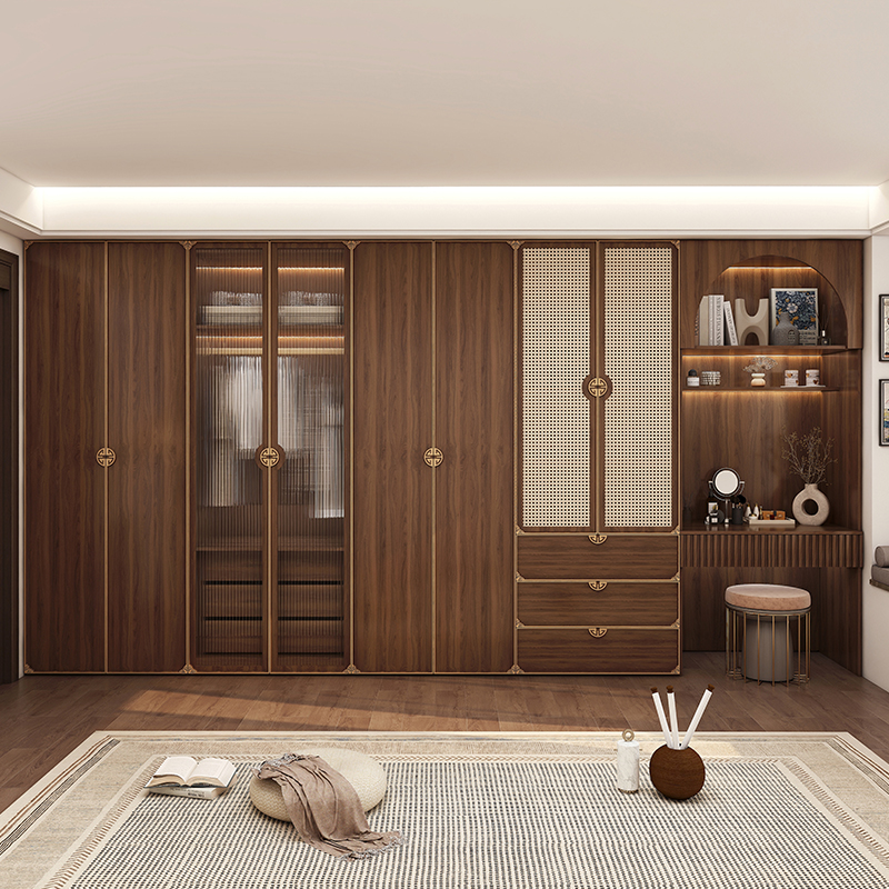 新中式实木衣柜家用卧室复古藤编大衣橱2025新款大容量定制储物柜