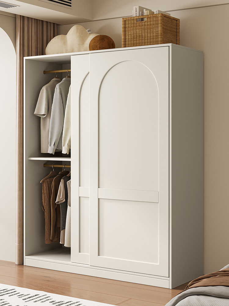 推拉门衣柜卧室家用实木移门柜子儿童小户型储物柜挂衣奶油风衣橱