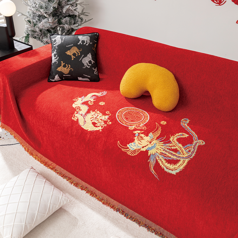 大红色沙发巾一整张全盖轻奢高级感沙发垫布过年喜庆双面沙发套罩