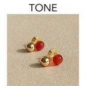 TONE天然红玛瑙金球耳夹蚊香盘耳钉高级感气质无耳洞女新年本命年