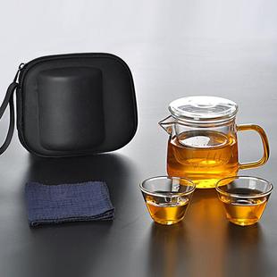 车载便携包式 玻璃旅行茶具套装 户外一壶二杯快客茶壶飘逸小泡茶杯