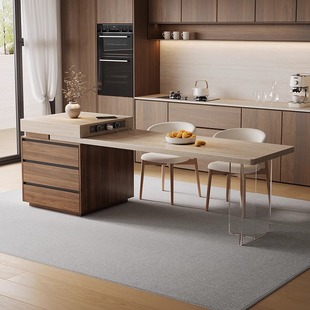 政府补贴岛台餐桌一体可伸缩中古风实木家用餐桌厨房多功能收纳柜