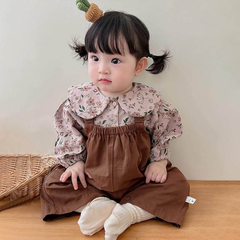 婴儿秋季连体衣裤儿童工装背带裤碎花衬衫衣服两件套装女宝宝秋
