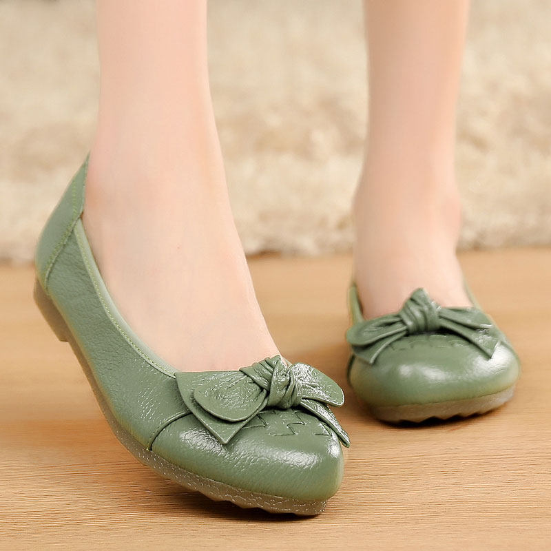 正品春夏季女鞋平跟单鞋平底鞋真皮浅口圆头软底女式鞋子妈妈鞋小