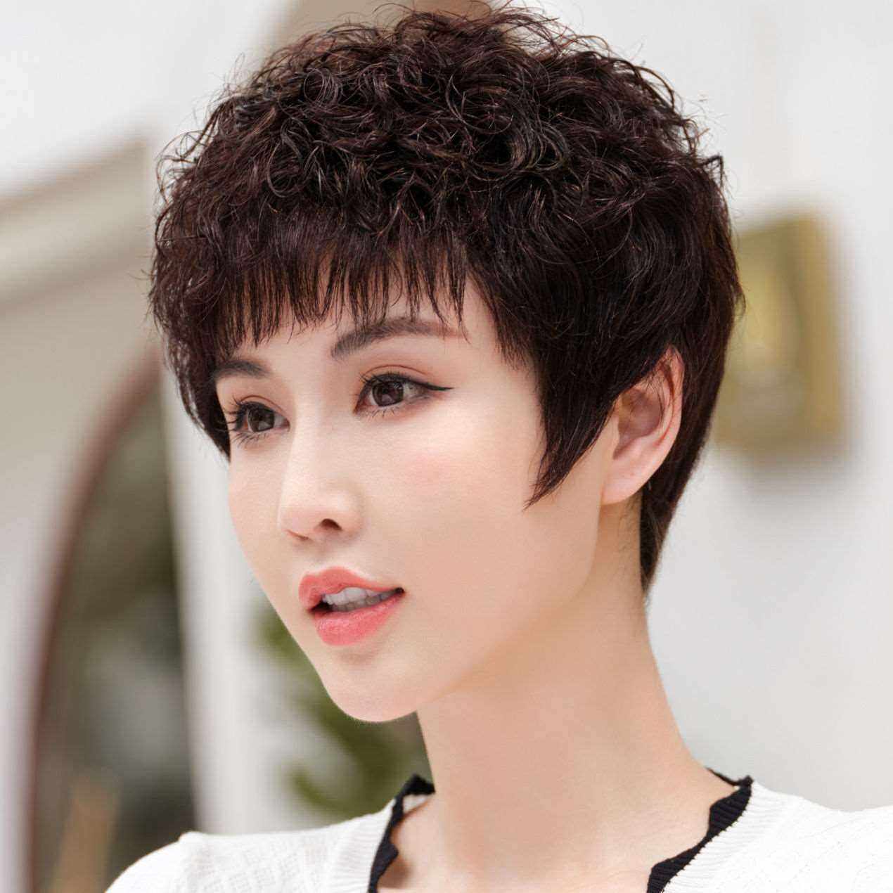 正品女士短卷发假发女短发中老年自然真人发丝妈妈时尚假发套整顶