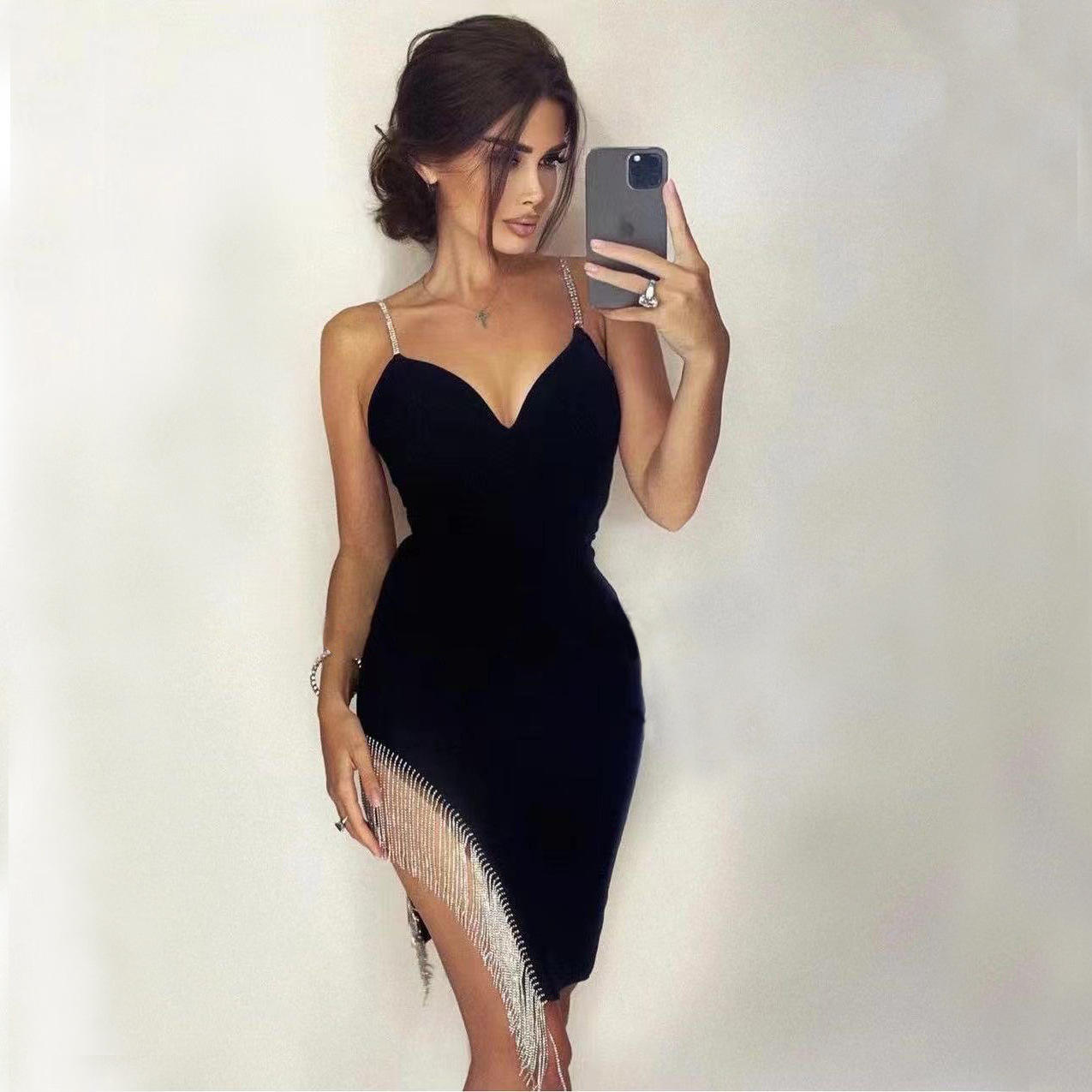 流苏ins网红高端轻奢礼服夜店性感绷带连衣裙女BandageDress纯色