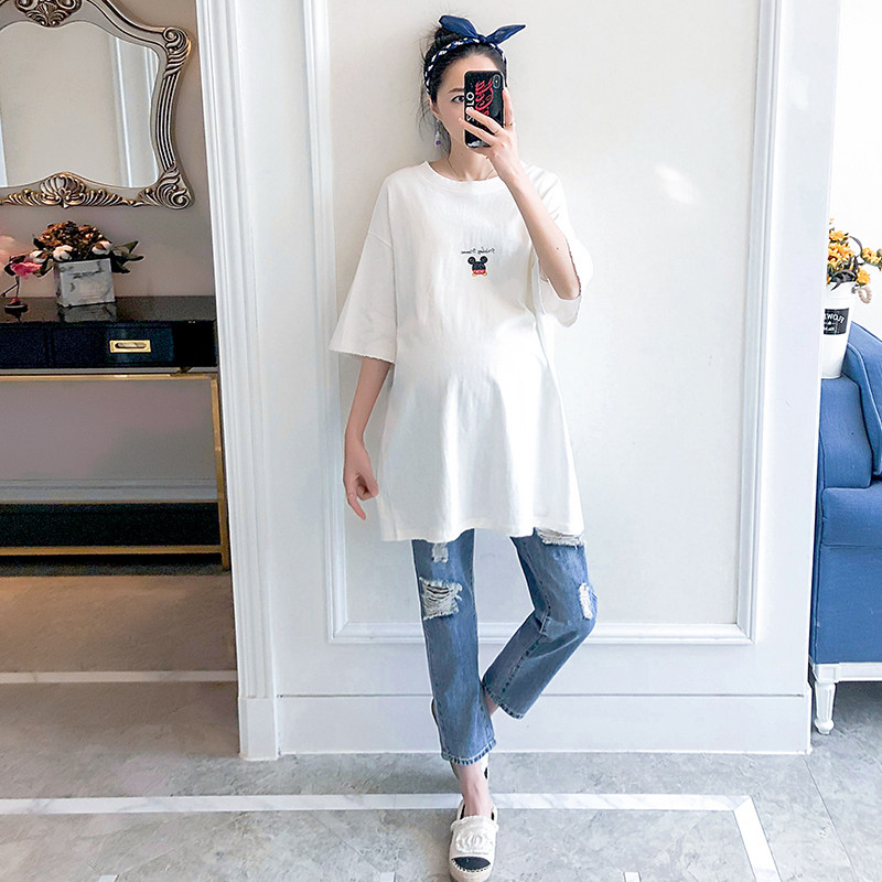 孕妇套装夏季宽松大码短袖上衣牛仔裤两件套潮妈休闲舒适产检夏装