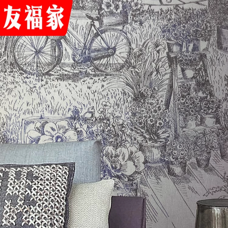 英伦复古自行车田园儿童房墙布卧室背景无缝壁布提花壁布2026新款