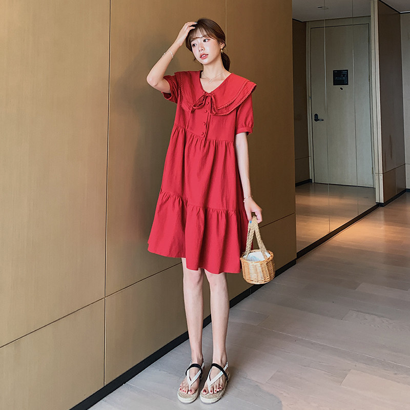 孕妇装连衣裙2021夏装时尚潮娃娃领宽松洋气哺乳纯棉夏天裙子潮妈