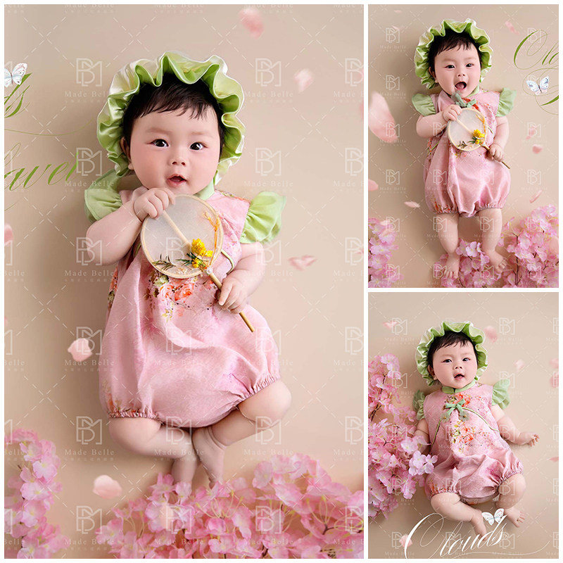 宝宝百天照周岁照拍照衣服粉色哈衣头饰影楼写真照儿童摄影服装