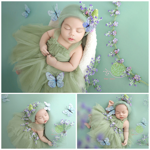 新生儿摄影服装宝宝满月照拍照衣服春季绿色吊带纱裙道具写真照