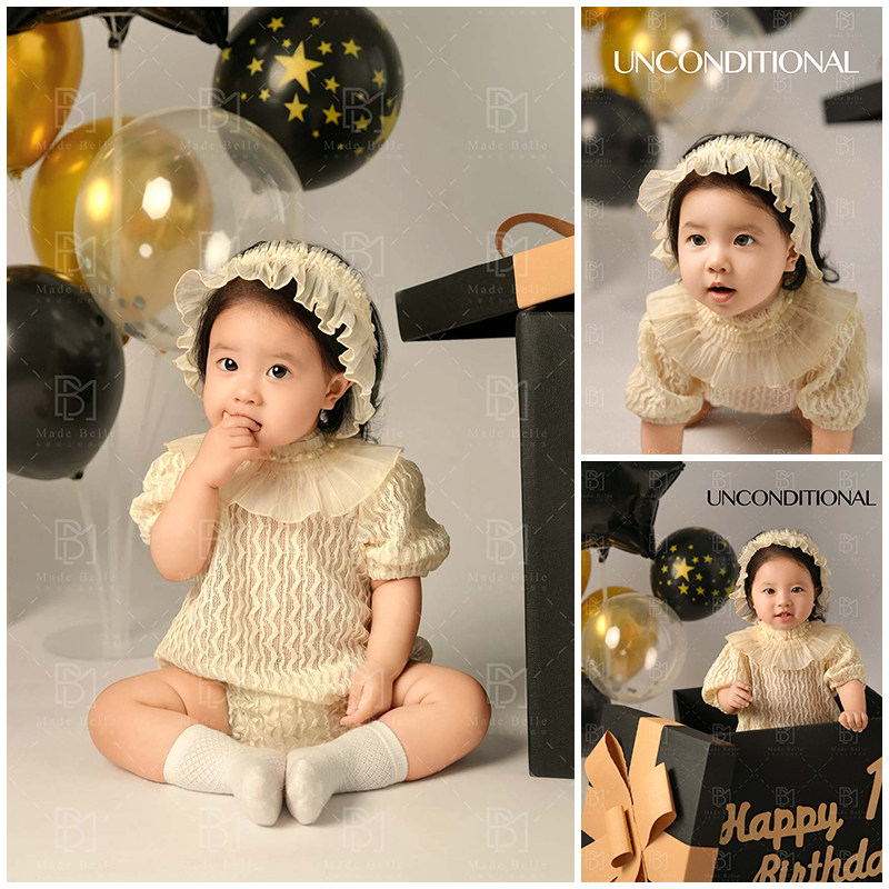 儿童摄影服装宝宝百天照周岁照拍照衣服连体哈衣头饰影楼写真照