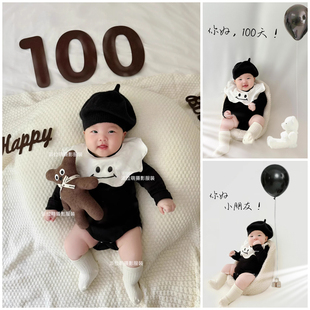 儿童摄影服装黑色纪实风主题宝宝百天照周岁照拍照衣服影楼写真照