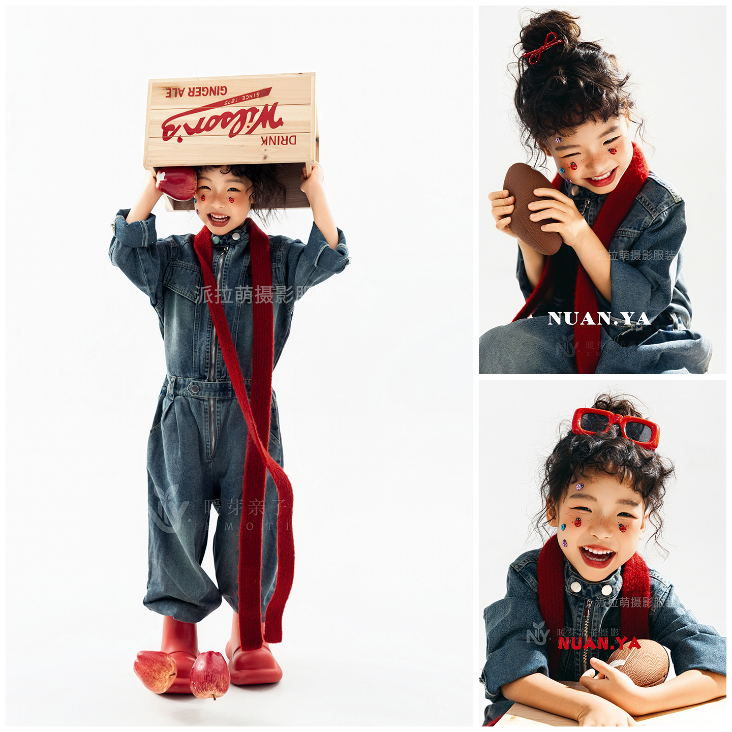 红围巾牛仔女孩主题拍照衣服