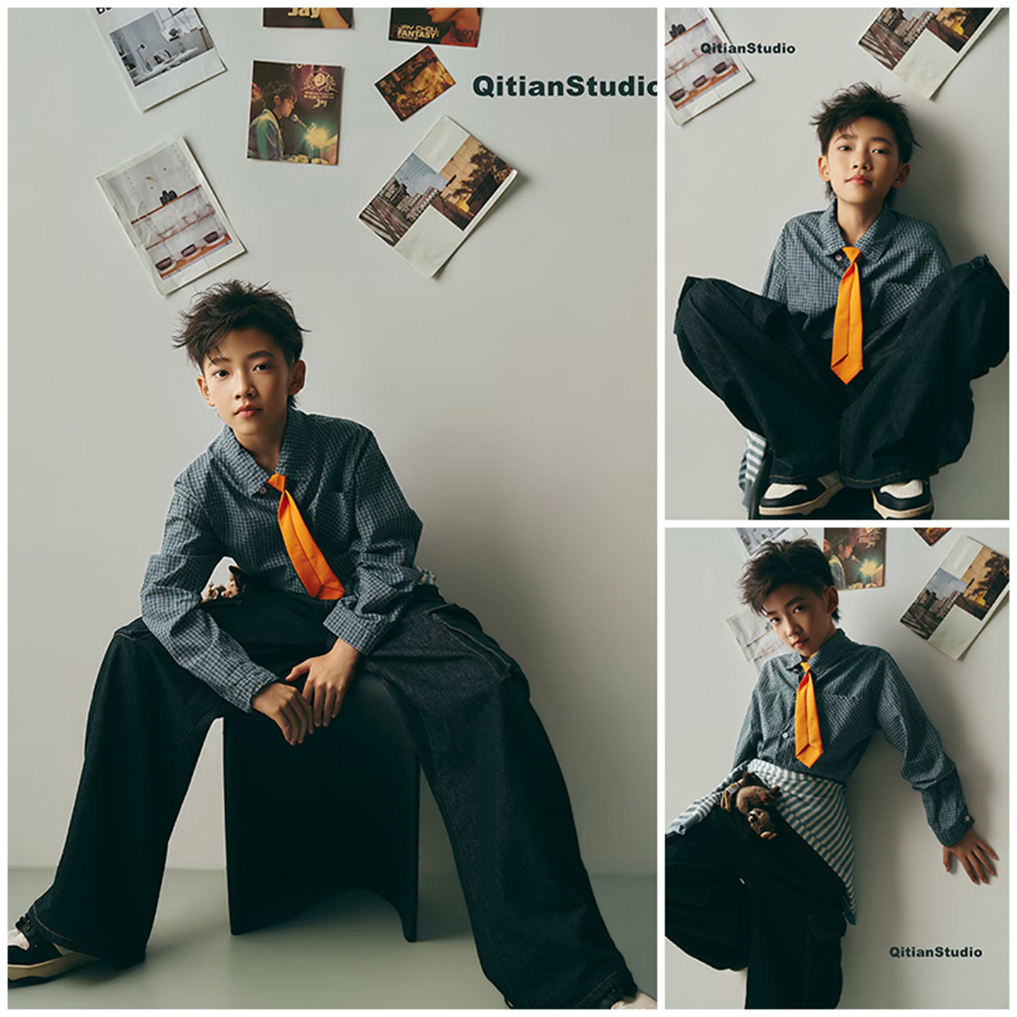 儿童摄影服装中大男童格子衬衣学院风影楼写真艺术照拍照服装道具图片