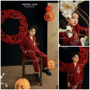 儿童摄影服装6岁-12岁男童拍照衣服国风剪纸红色男孩主题写真照