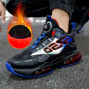 男童运动鞋2023新款男孩二棉鞋大童鞋子加绒青少年纽扣气垫跑步鞋