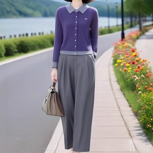 素雅订制女装原创品牌新款紫罗兰针织开衫高级灰松紧腰九分裤套装