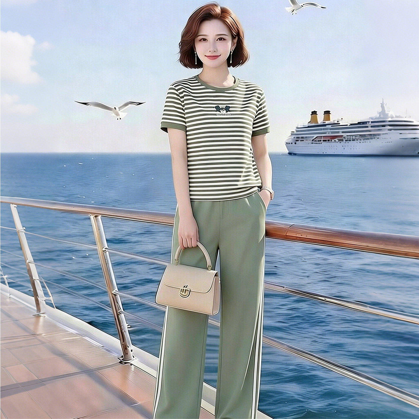 素雅订制女装原创品牌时尚休闲撞色条纹短袖t恤休闲运动两件套装