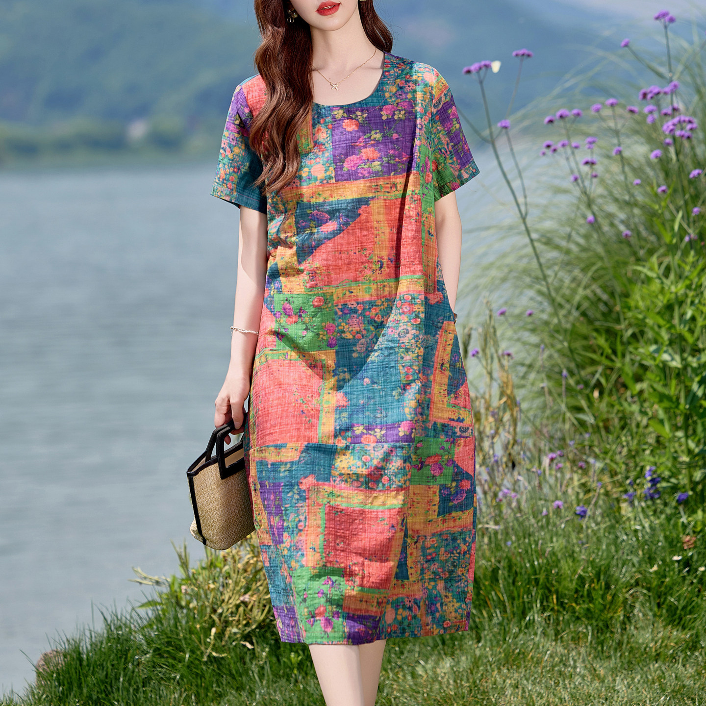 素雅订制女装原创品牌夏季新款时尚印花宽松圆领中长款棉麻连衣裙