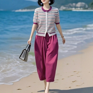 素雅订制原创品牌女装旗舰知性唯美冰丝针织开衫松紧腰哈伦裤套装