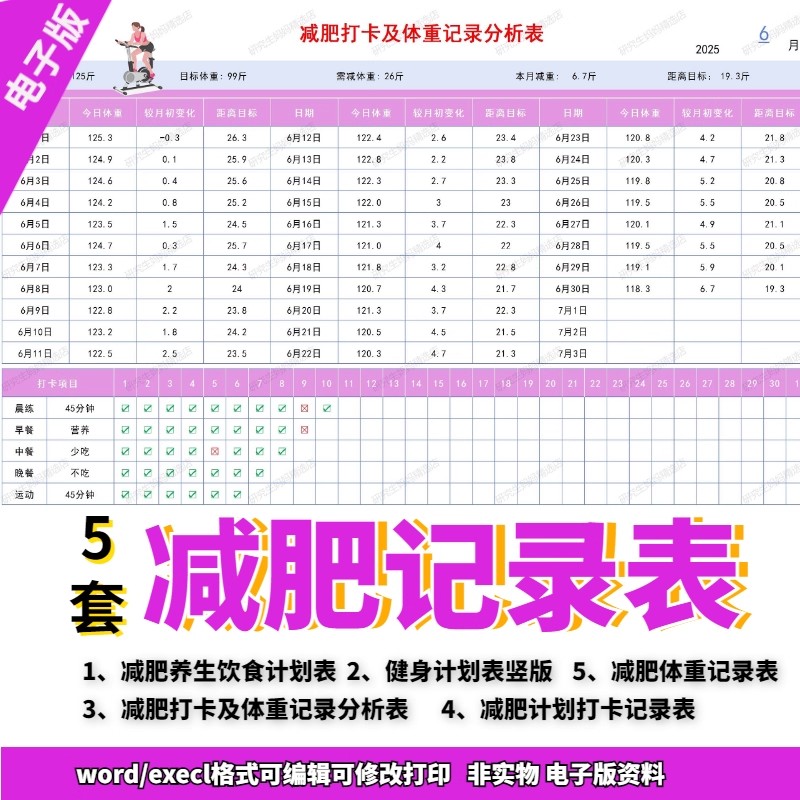 减肥计划表饮食健身体重管理记录本自律打卡瘦身excel表格电子版