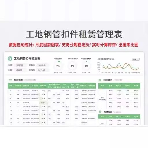 工地钢管扣件设备租赁管理表支持实时库存统计分规格定价自动计算