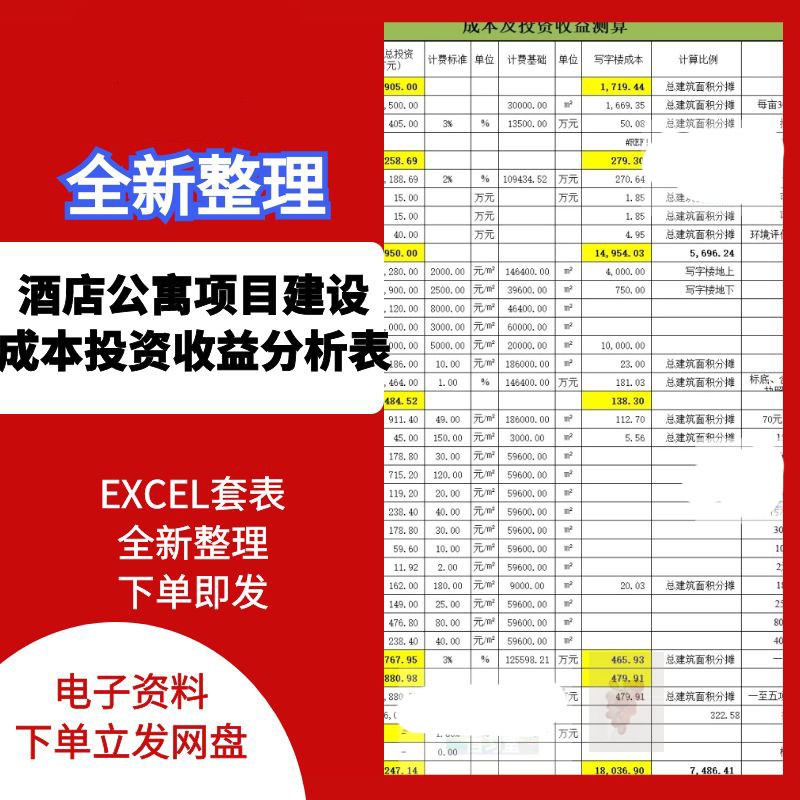 酒店公寓项目建设成本投资收益分析经营收入分析现金流Excel套表