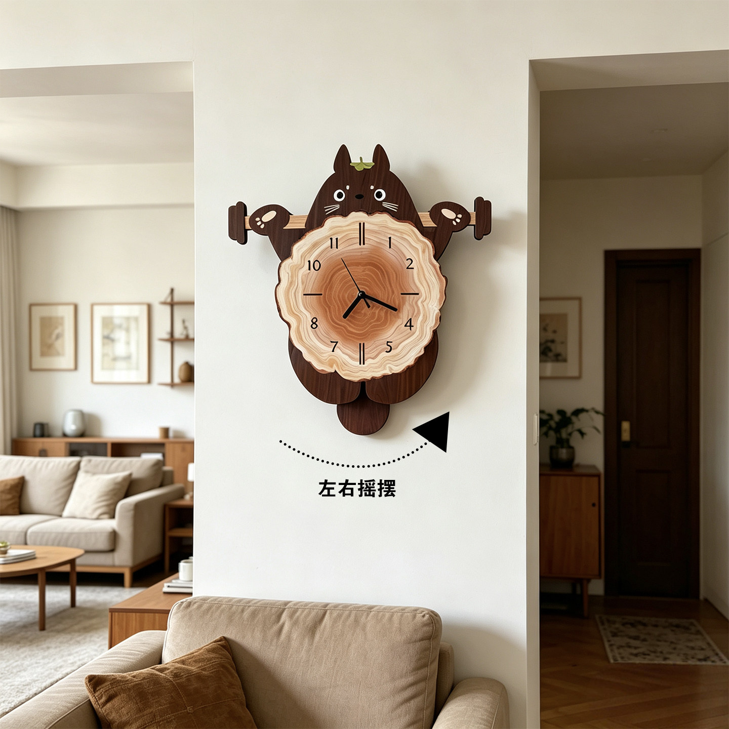 中古风龙猫客厅钟表装饰画餐厅静音时钟儿童房卡通创意家用挂钟