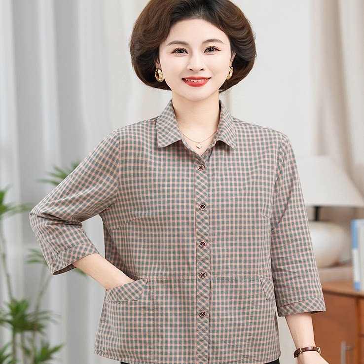 中老年女夏季纯棉衬衫七分袖60中老年女装