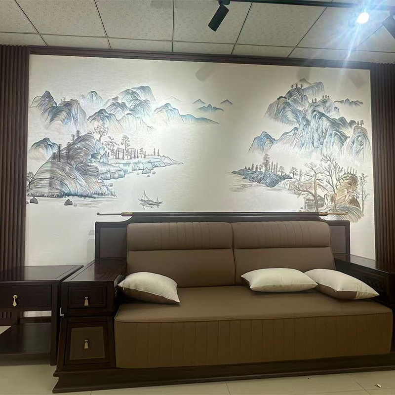 独绣刺绣无缝壁布山水悠然山居客厅电视沙发背景墙秀布新中式独秀