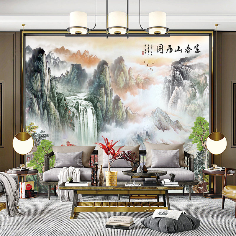 独绣刺绣无缝壁布印加绣山水画富春山居图客厅沙发背景墙布新中式