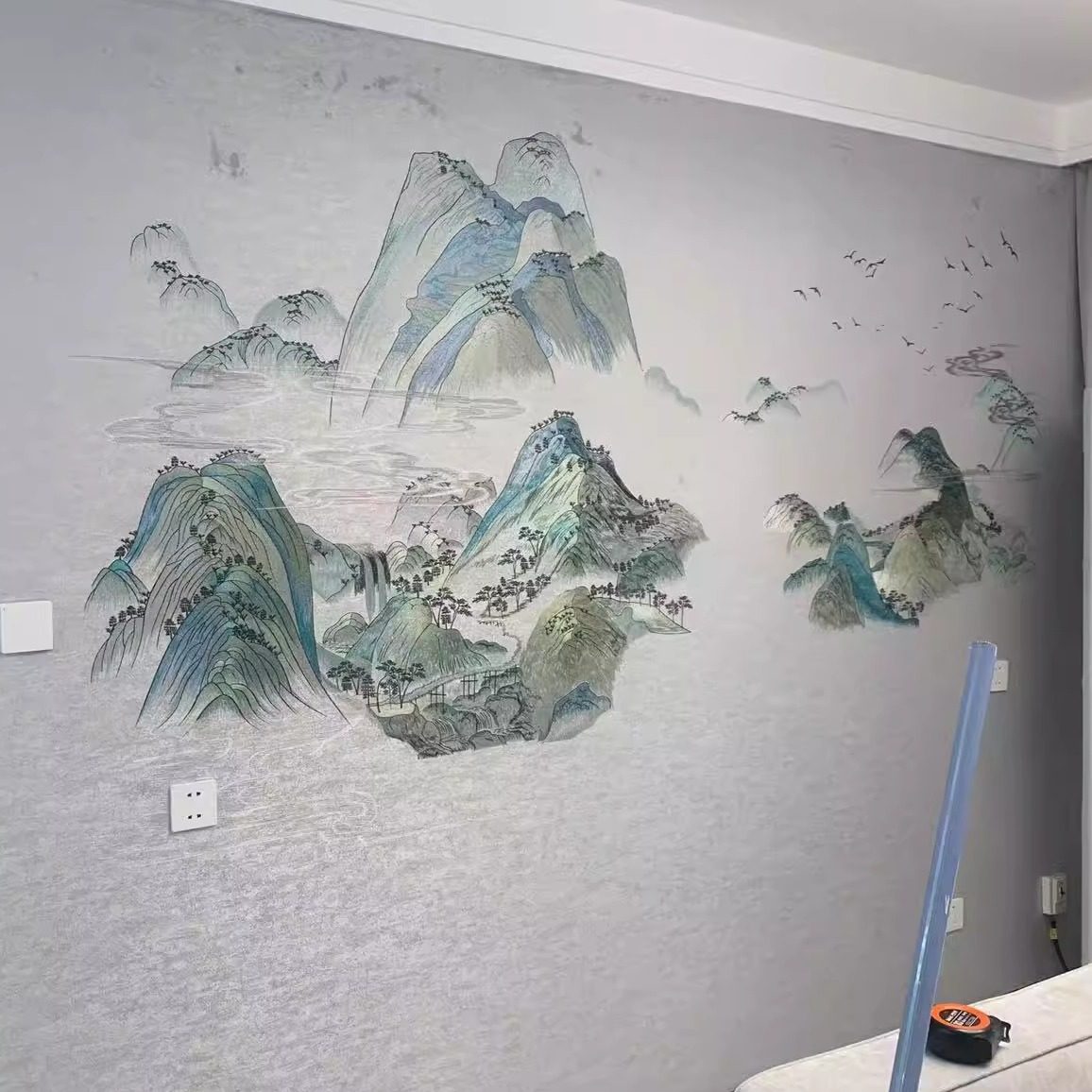 独绣刺绣无缝壁布千里江山图客厅电视沙发背景墙布新中式山水水墨