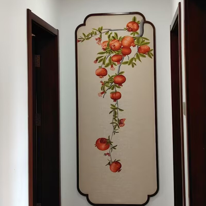 无缝独绣刺绣玄关石榴时来运转背景墙布新中式走廊鲜艳夺目壁布
